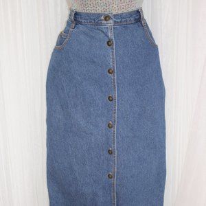 1990s Vintage Size M/L Three Pocket Button Front Mid-Wash Denim Maxi Skirt